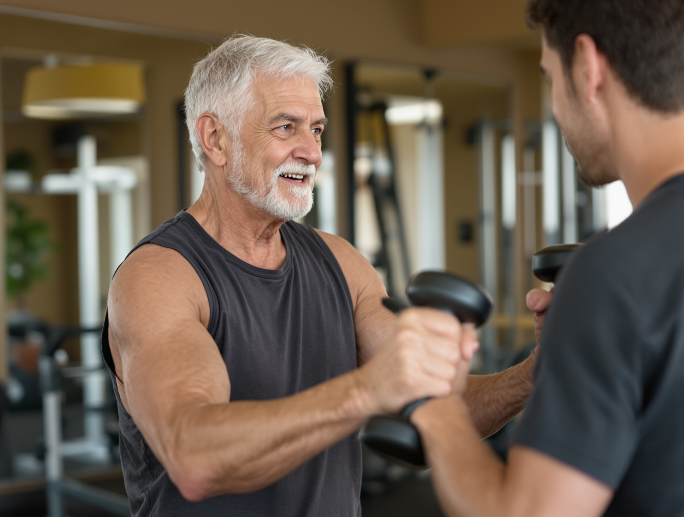 Senior member performing supervised strength exercise