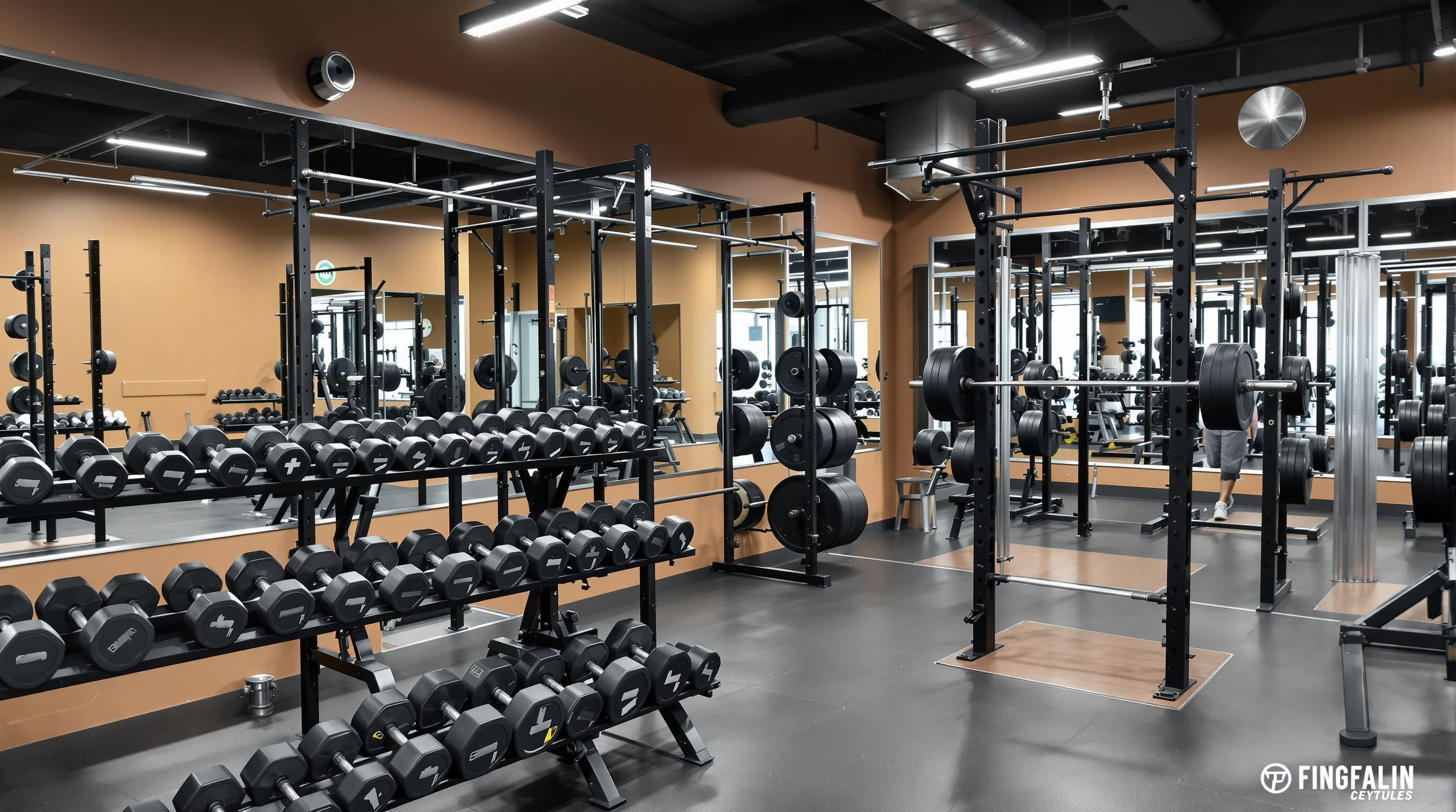 Well-equipped weight room with free weights and machines